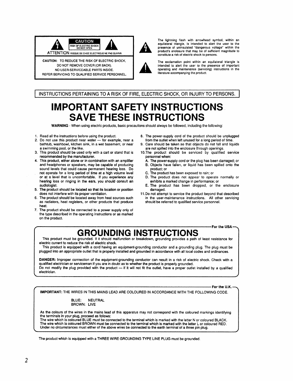 Grounding instructions | Roland RSS-10 User Manual | Page 2 / 44