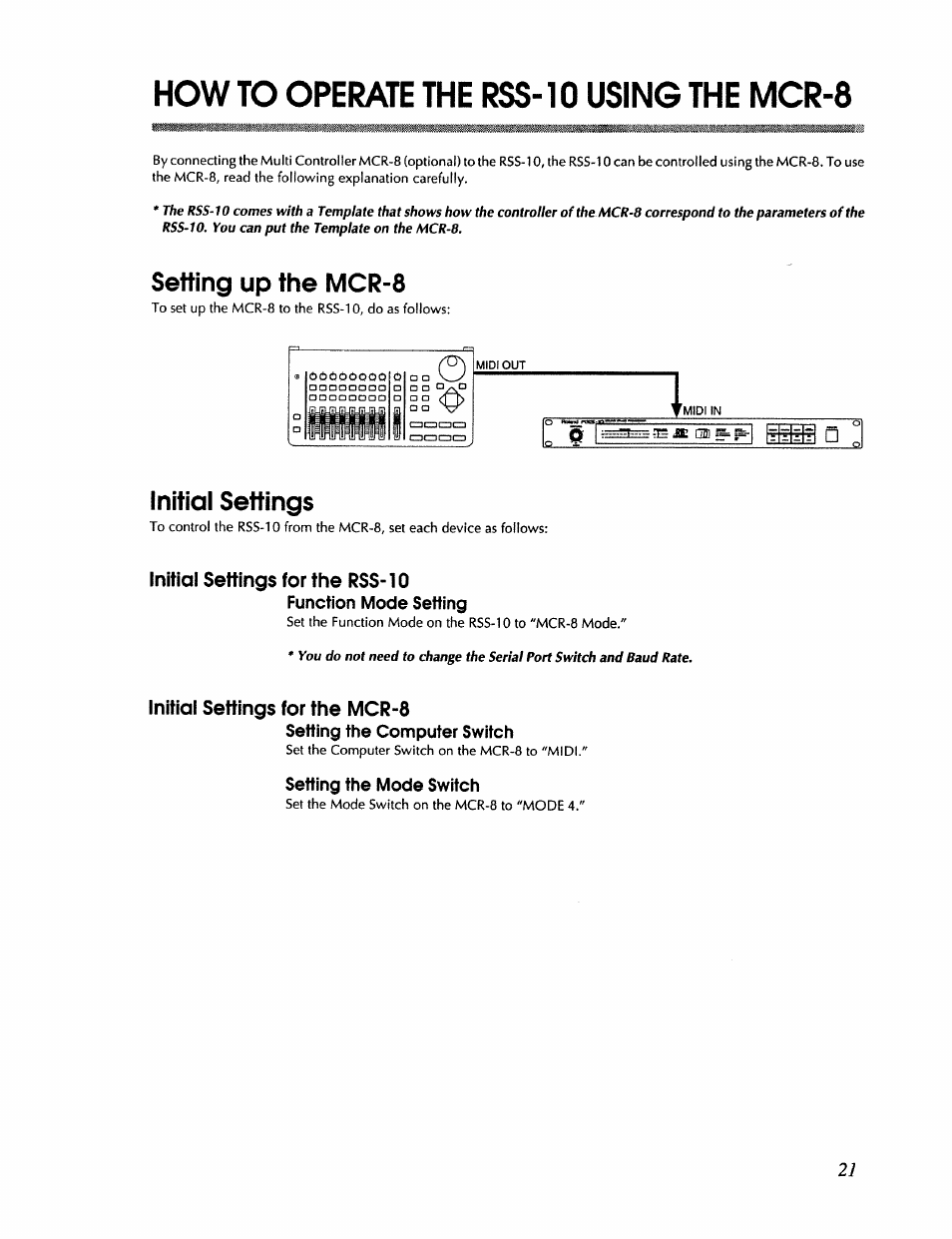 How to operate the rss-10 using the mcr-8, Initial settings for the rss-10, Function mode setting | Initial settings for the mcr-8, Setting the computer switch, Setting the mode switch, Setting up the mcr-8, Initial settings | Roland RSS-10 User Manual | Page 21 / 44