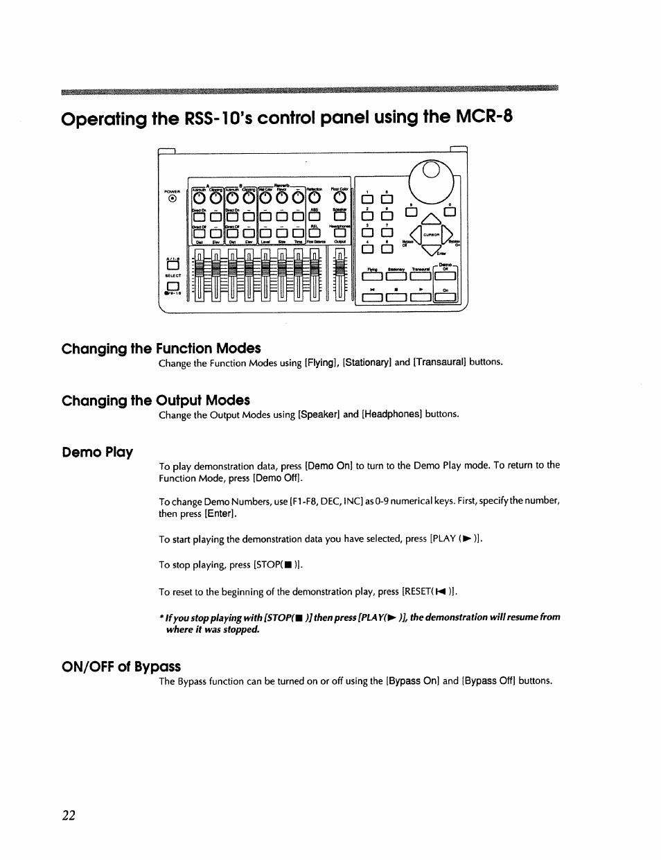 Changing the function modes, Changing the output modes, Demo play | On/off of bypass | Roland RSS-10 User Manual | Page 22 / 44