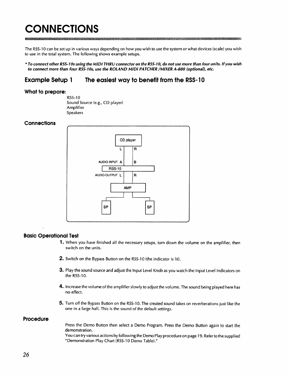 Connections, What to prepare, Basic operational test | Procedure | Roland RSS-10 User Manual | Page 26 / 44