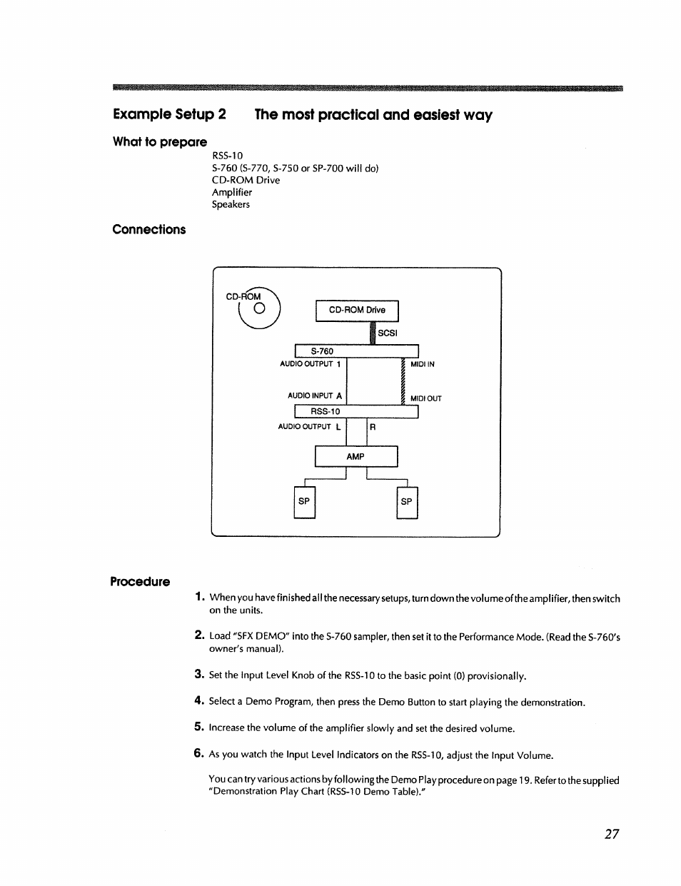 Example setup 2 the most practical and easiest way, What to prepare, Connections | Procedure | Roland RSS-10 User Manual | Page 27 / 44