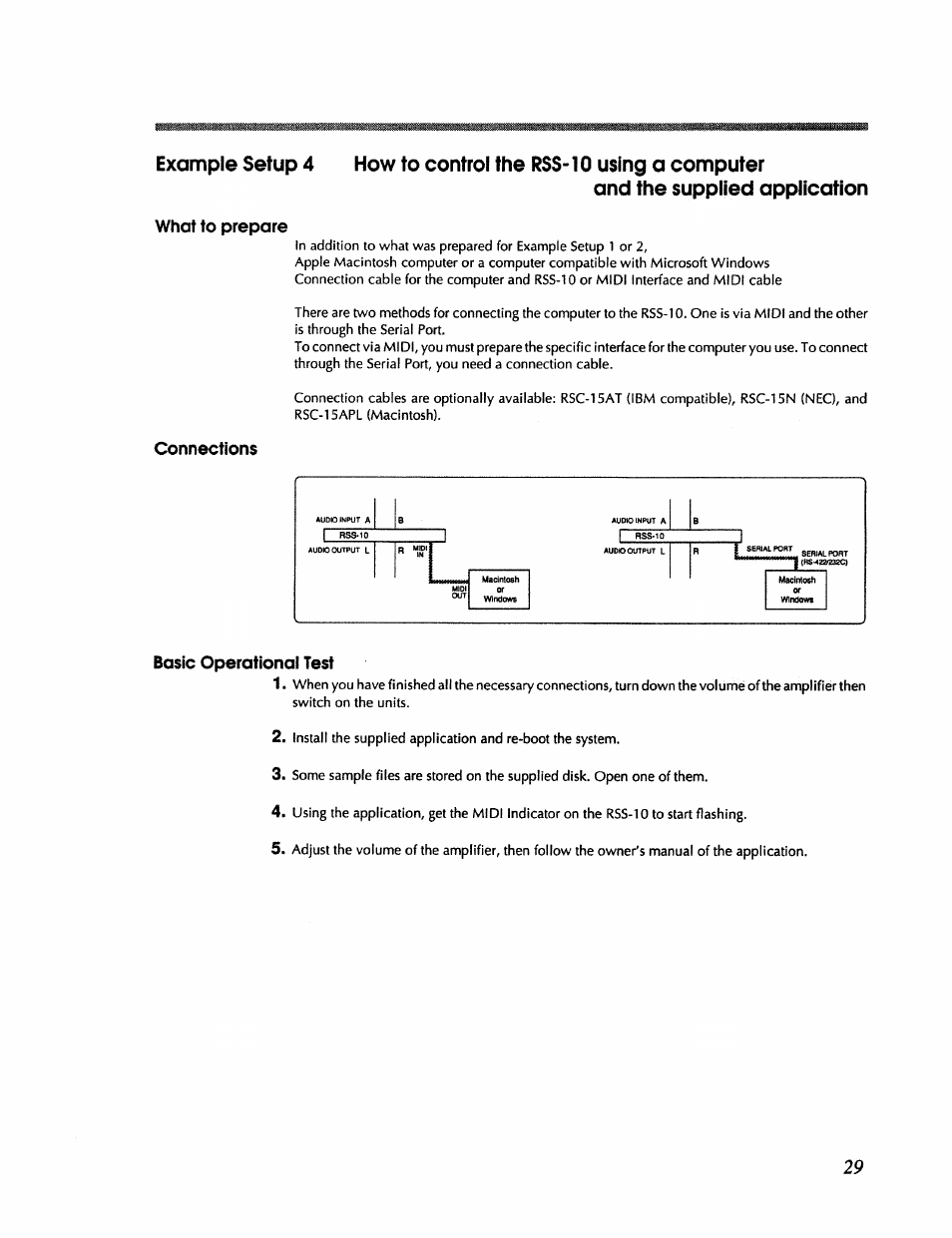 And the supplied application, Connections, Basic operationai test | Roland RSS-10 User Manual | Page 29 / 44