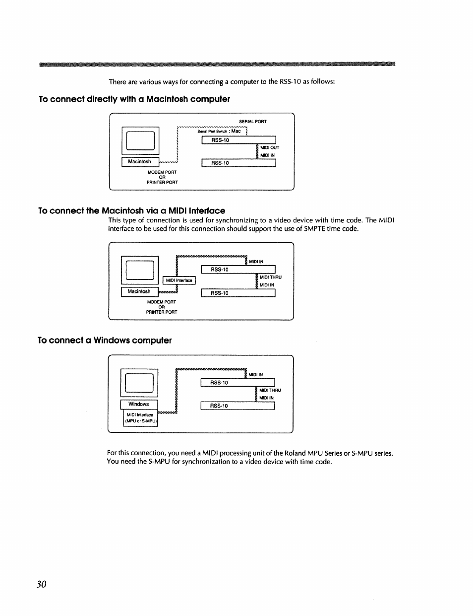 To connect directly with a macintosh computer, To connect the macintosh via a midi interface, To connect a windows computer | Roland RSS-10 User Manual | Page 30 / 44