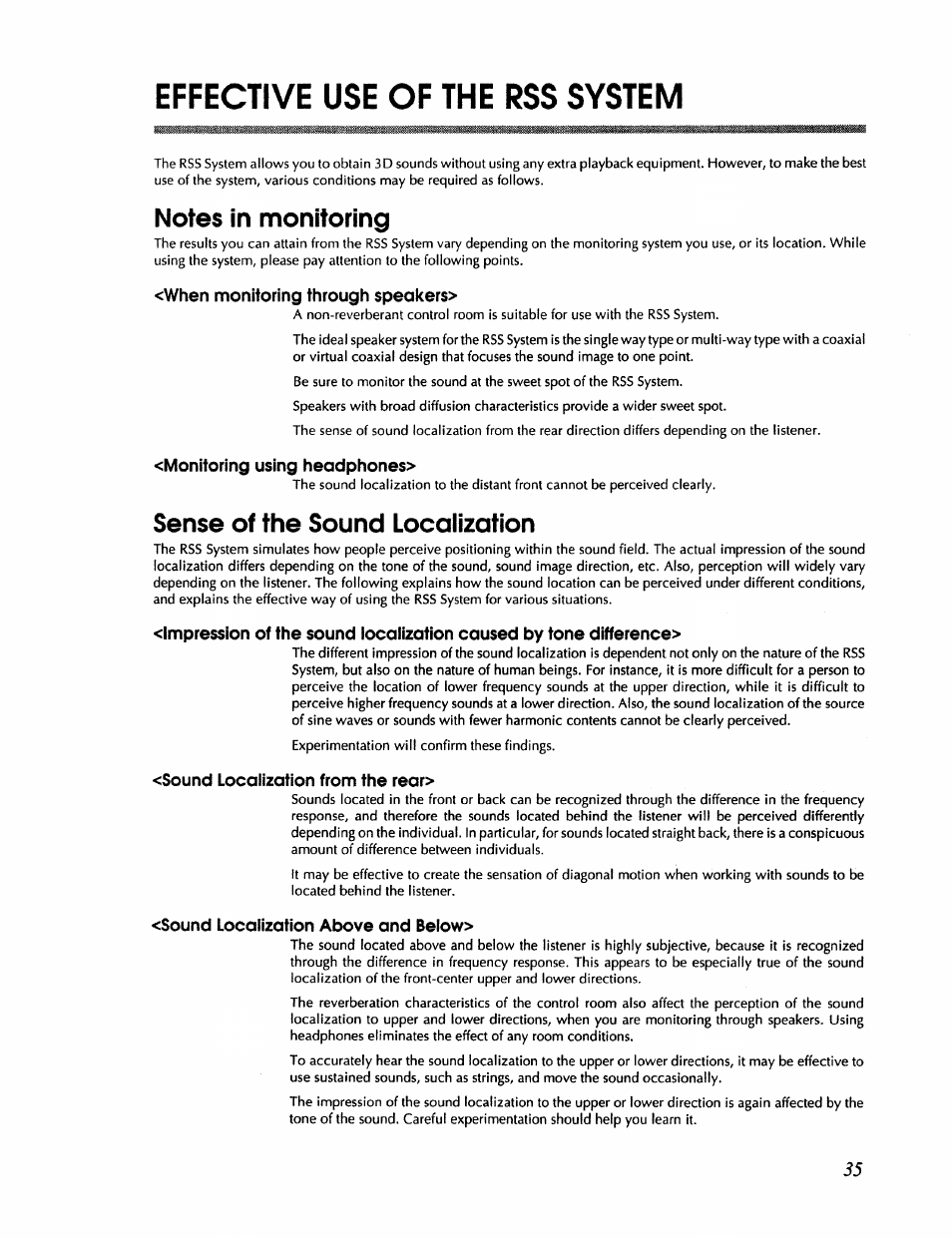 Effective use of the rss system, When monitoring through speokers, Monitoring using headphones | Sound localization from the rear, Sound localization above and below, Sense of the sound localization | Roland RSS-10 User Manual | Page 35 / 44