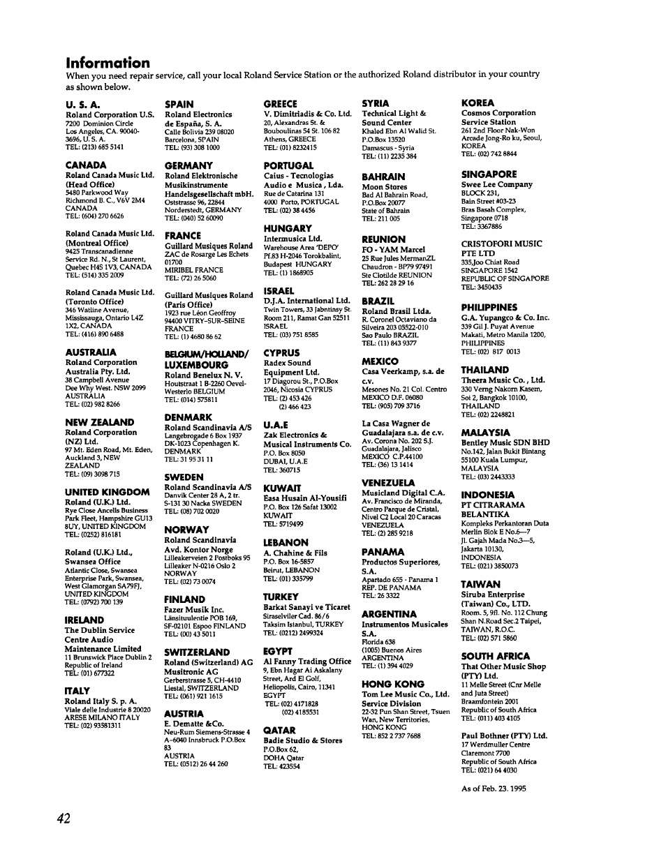 U. 5. a, Canada, Austraua | New zealand, United kingdom, Ireland, Italy, Spain, Germany, France | Roland RSS-10 User Manual | Page 42 / 44