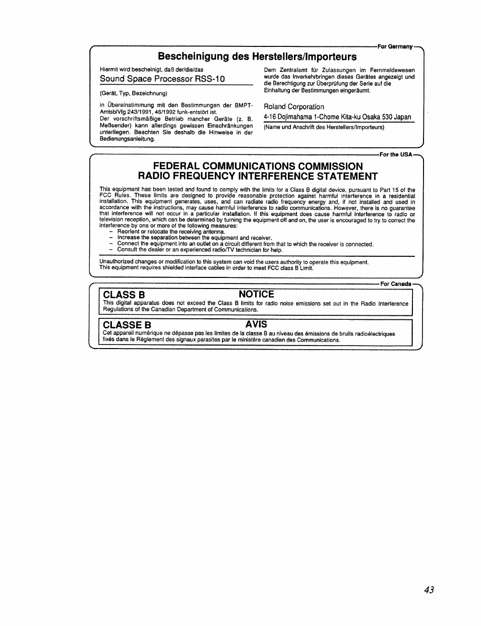 Bescheinigung des hersteliers/importeurs, Class b notice, Classe b avis | Roland RSS-10 User Manual | Page 43 / 44