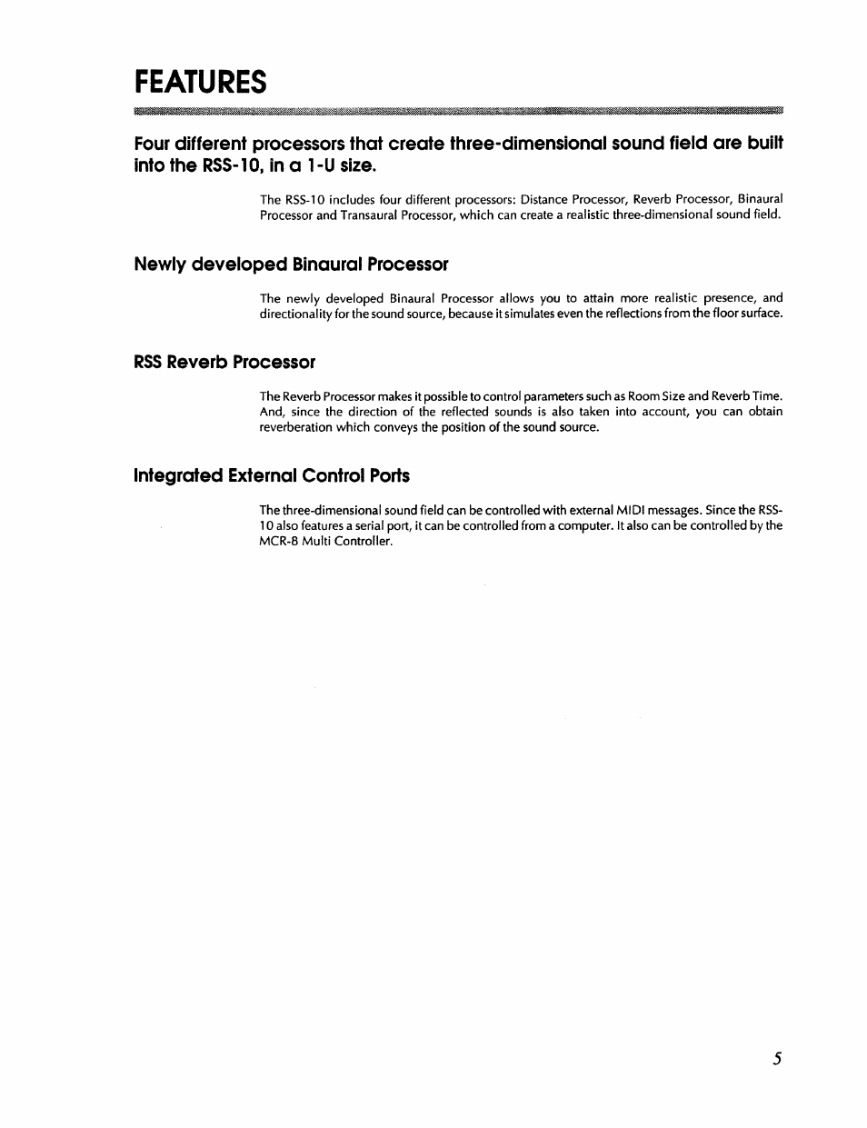 Features, Newly developed binaural processor, Rss reverb processor | Integrated external control ports | Roland RSS-10 User Manual | Page 5 / 44