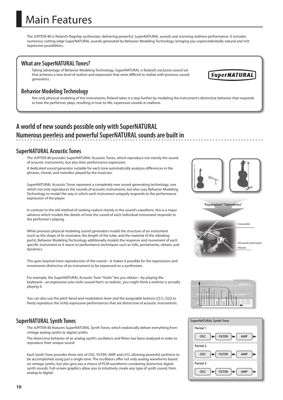 Main features, What are supernatural tones, Behavior modeling technology | Supernatural acoustic tones, Supernatural synth tones | Roland Jupiter 80 User Manual | Page 10 / 108