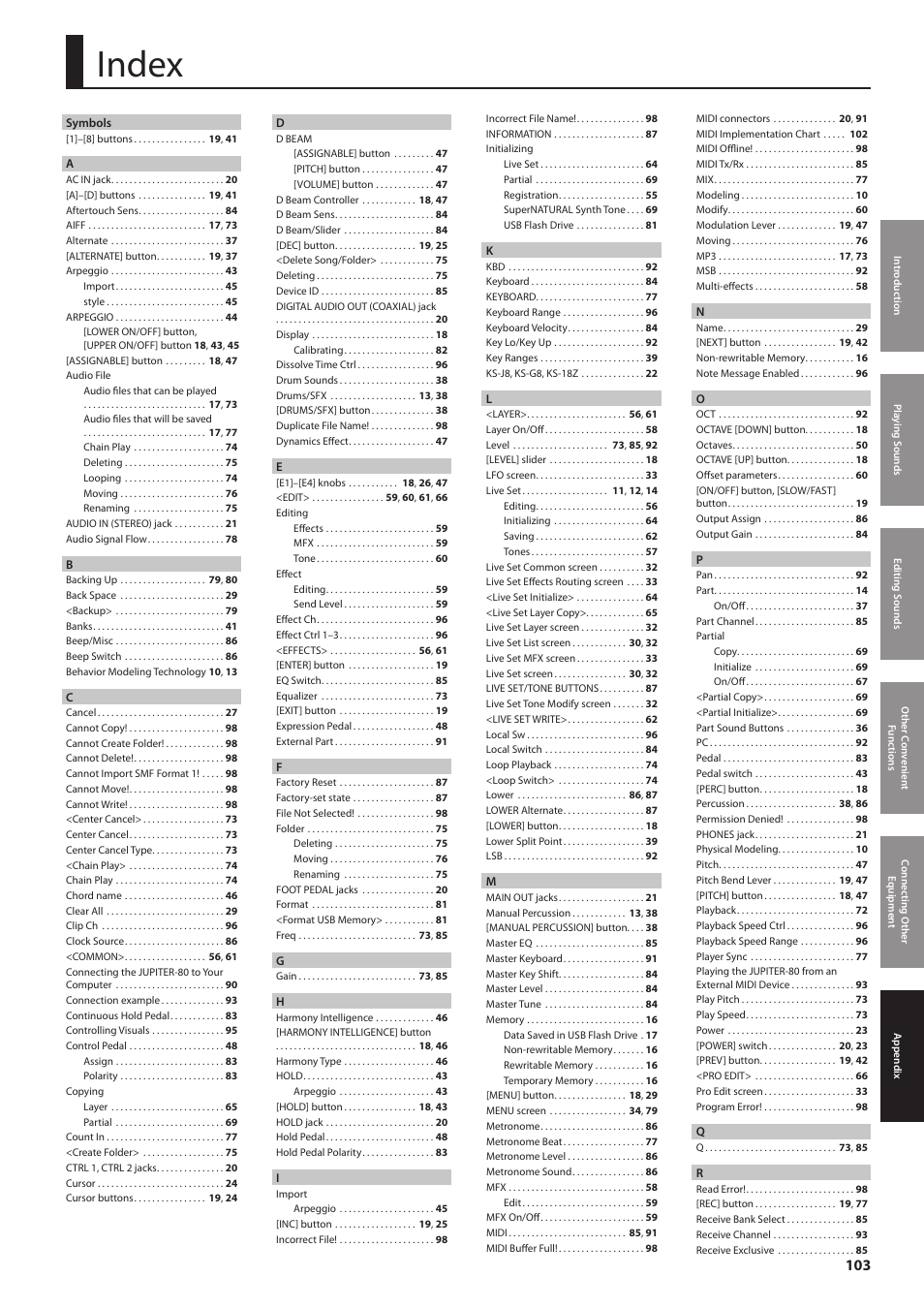 Index | Roland Jupiter 80 User Manual | Page 103 / 108