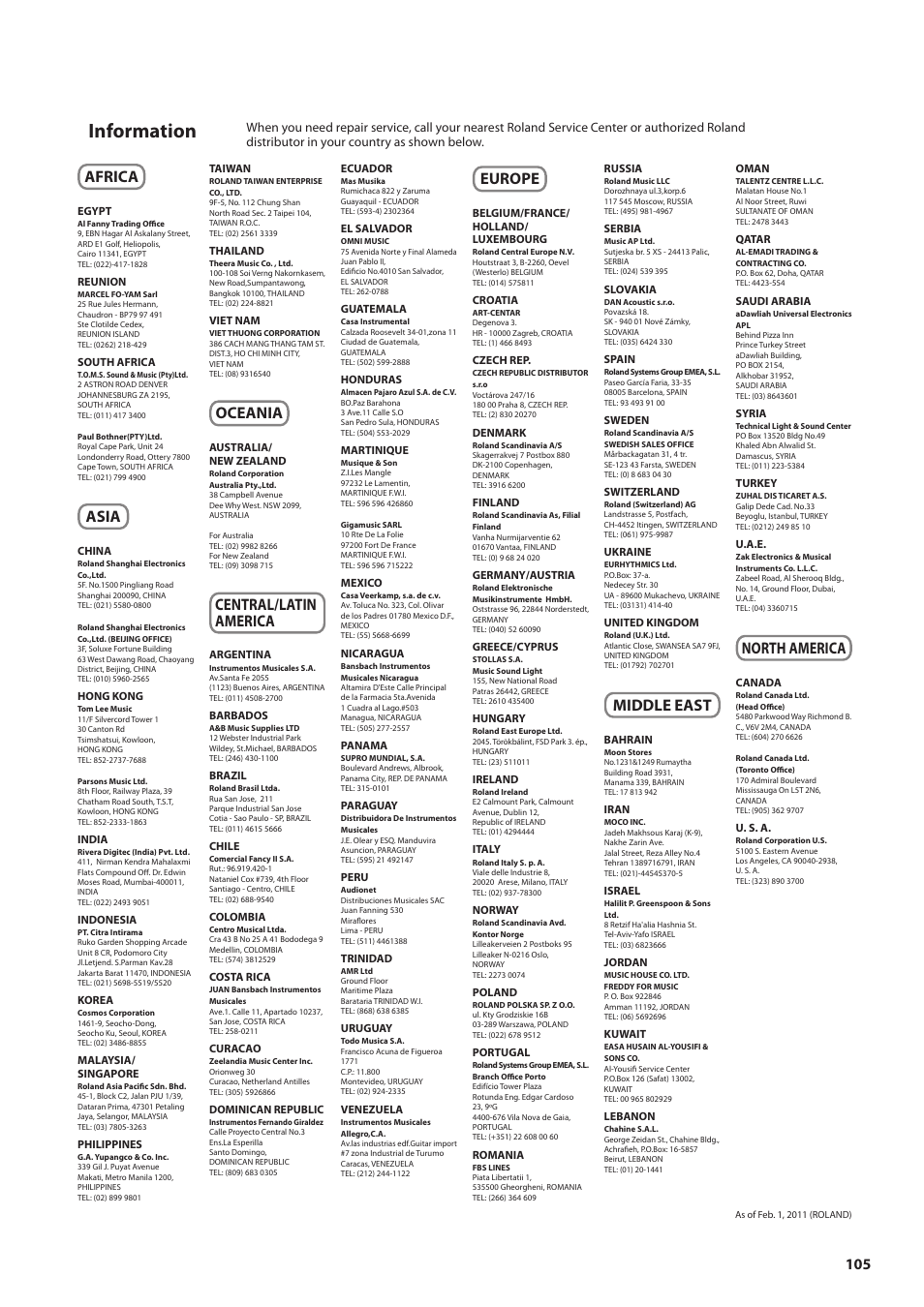 Information, Africa, Asia | Oceania, Central/latin america, Europe, Middle east, North america | Roland Jupiter 80 User Manual | Page 105 / 108