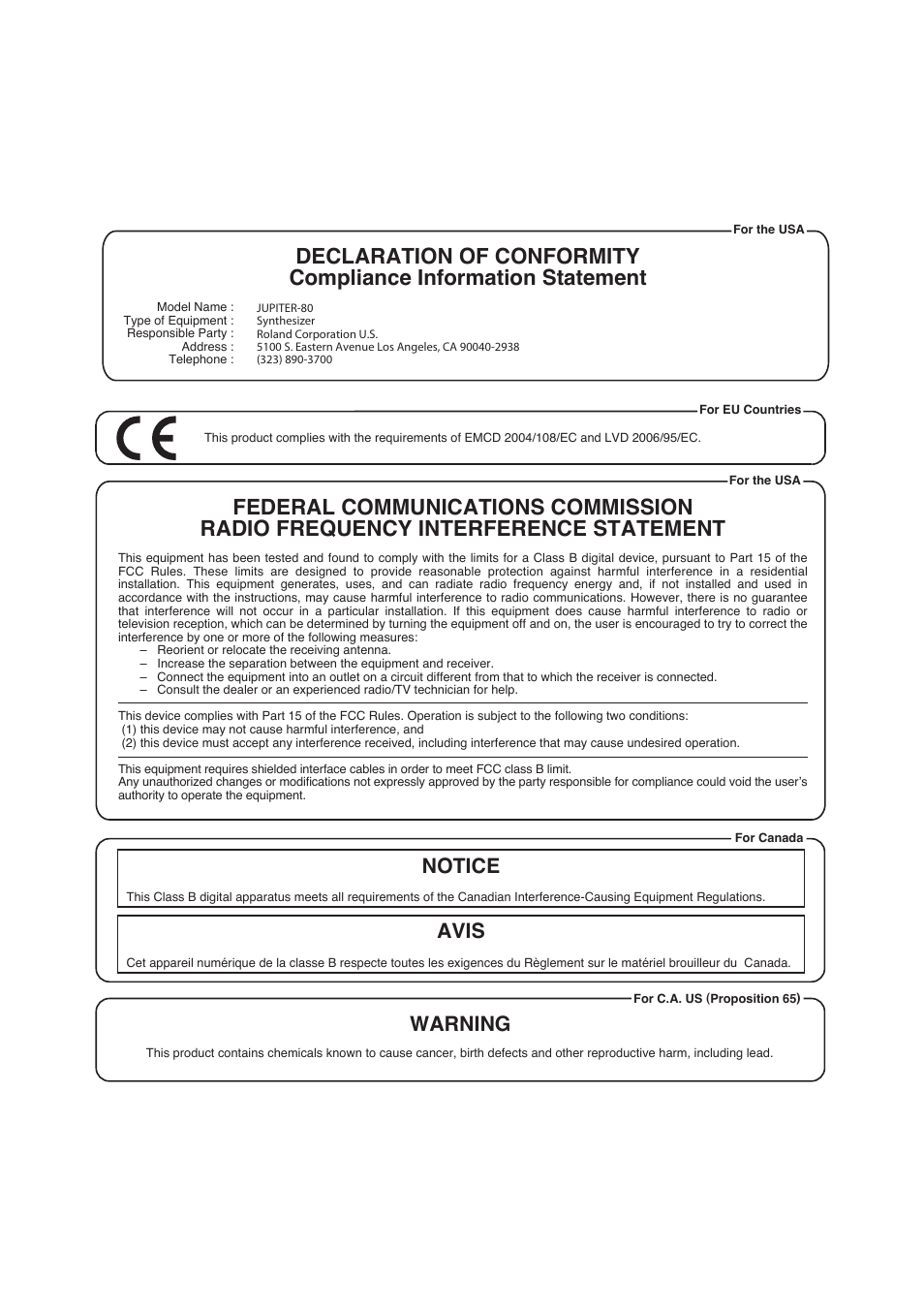 Notice avis, Warning | Roland Jupiter 80 User Manual | Page 107 / 108