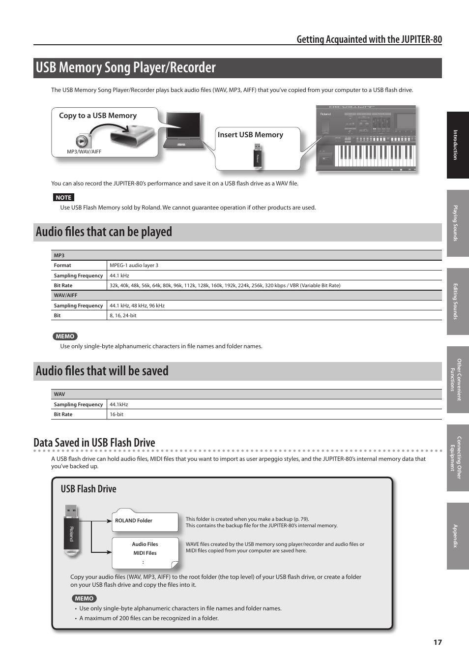 Audio files that can be played, Audio files that will be saved, Data saved in usb flash drive | Getting acquainted with the jupiter-80, Usb flash drive | Roland Jupiter 80 User Manual | Page 17 / 108