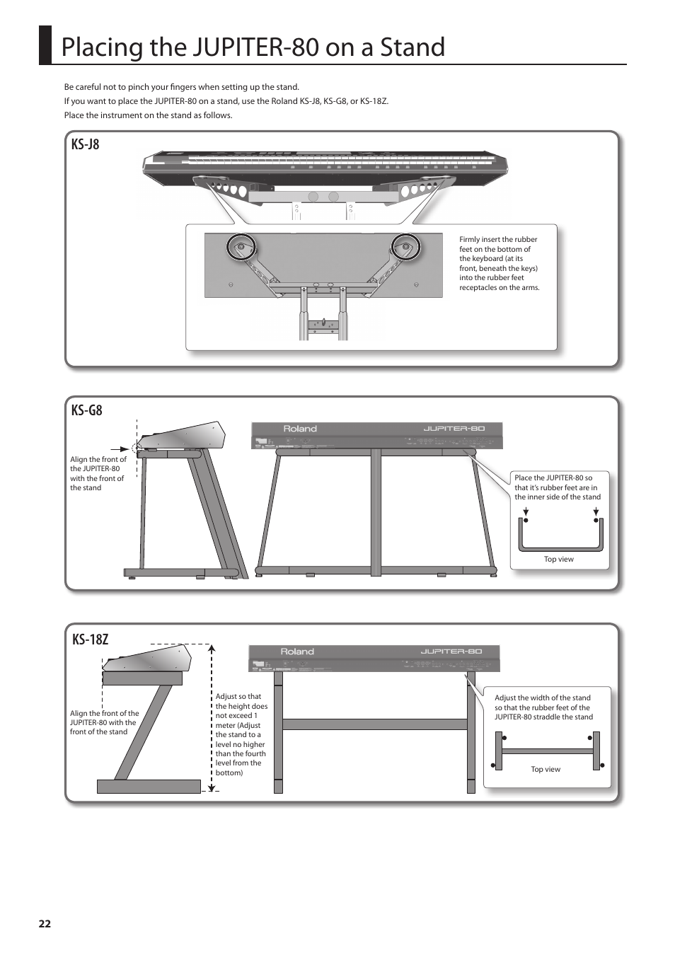 Placing the jupiter-80 on a stand, Ks-j8, Ks-g8 | Ks-18z | Roland Jupiter 80 User Manual | Page 22 / 108