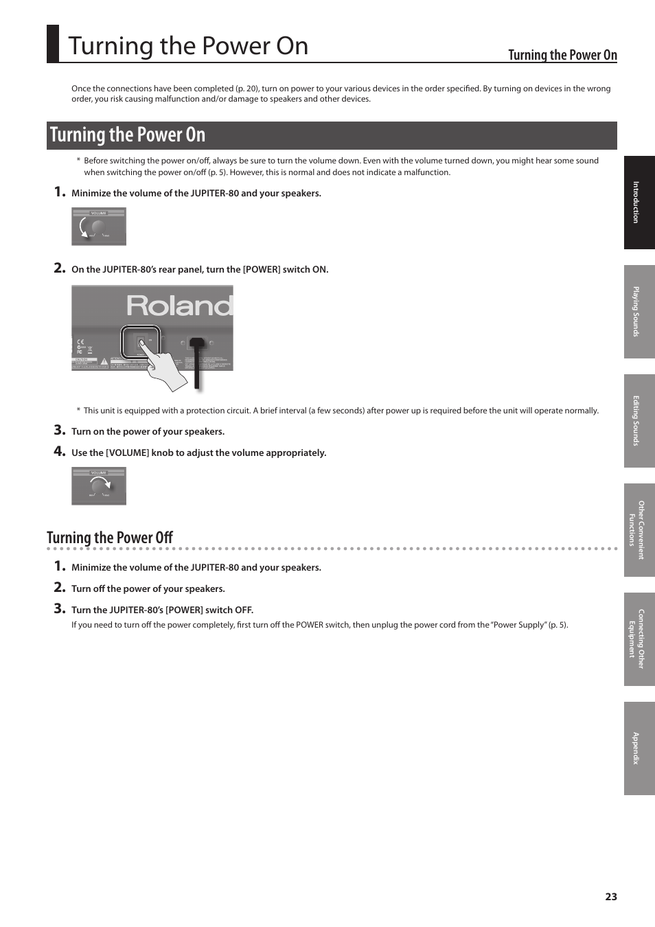 Turning the power off, Turning the power on | Roland Jupiter 80 User Manual | Page 23 / 108