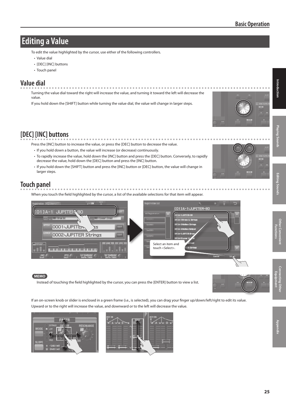 P. 25, Editing a value, Value dial | Dec] [inc] buttons, Touch panel, Basic operation | Roland Jupiter 80 User Manual | Page 25 / 108