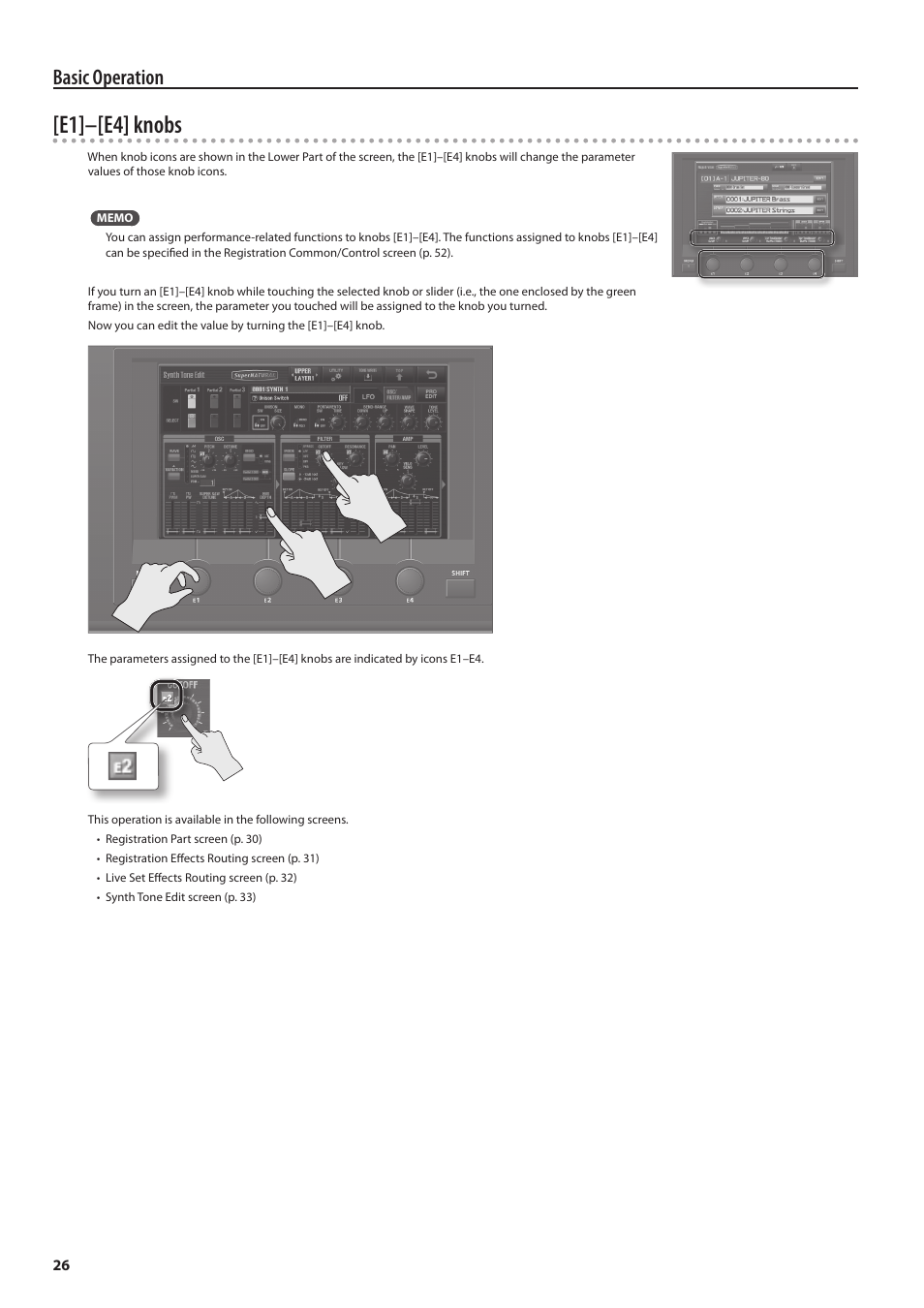 P. 26, E1]–[e4] knobs, Basic operation | Roland Jupiter 80 User Manual | Page 26 / 108