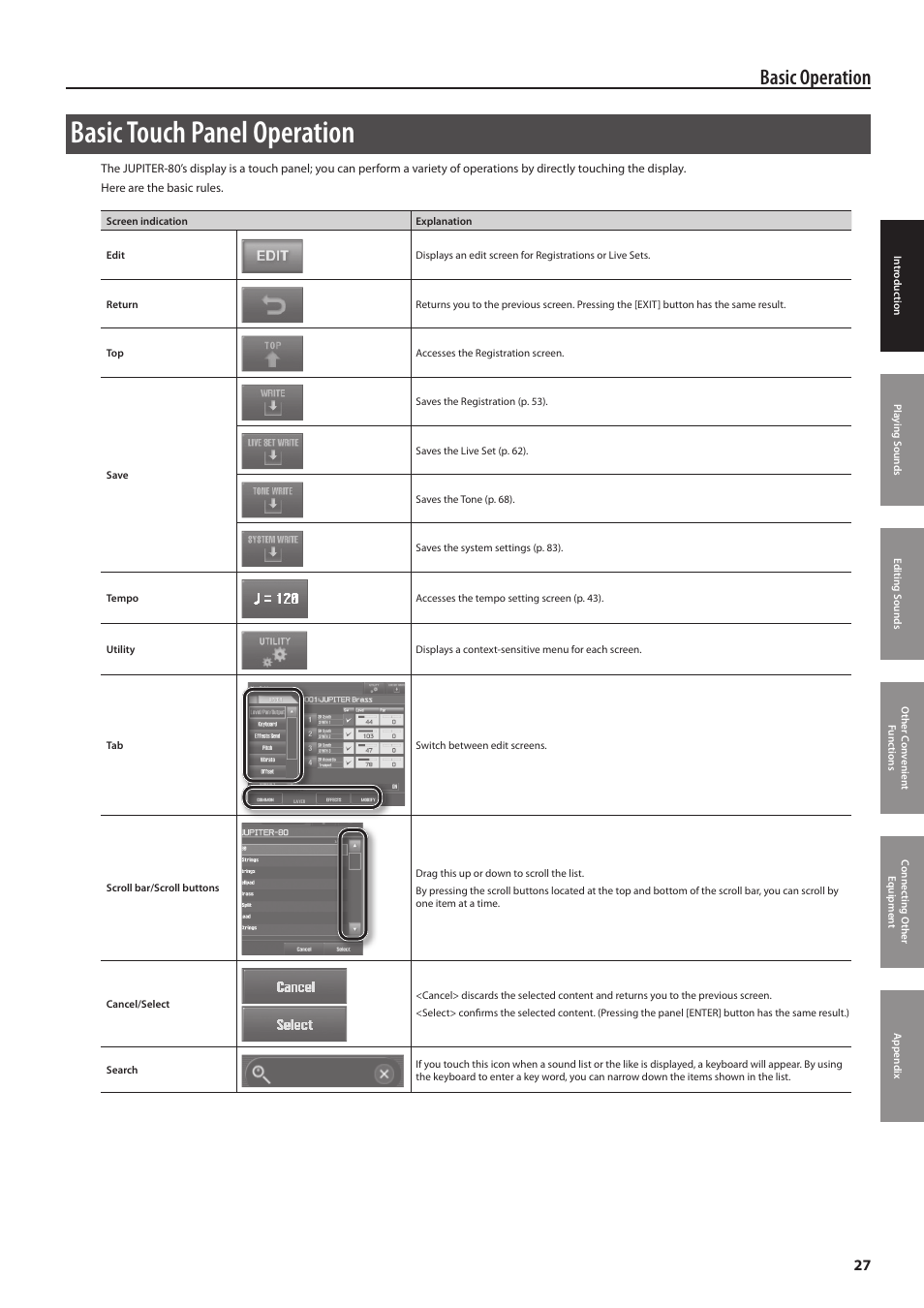 Basic touch panel operation, Basic operation | Roland Jupiter 80 User Manual | Page 27 / 108