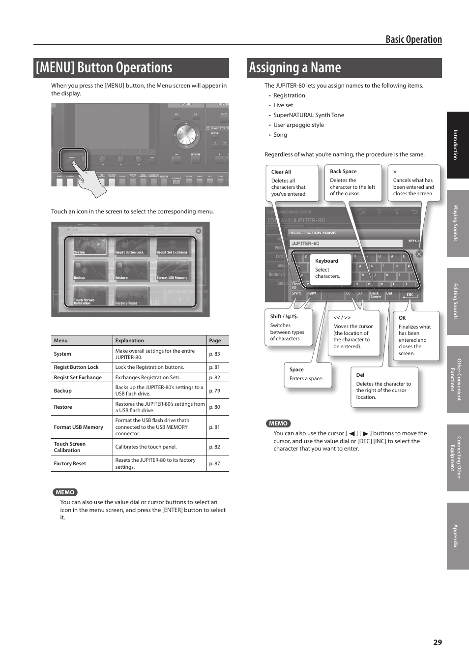 Menu] button operations, Assigning a name, Basic operation | Roland Jupiter 80 User Manual | Page 29 / 108