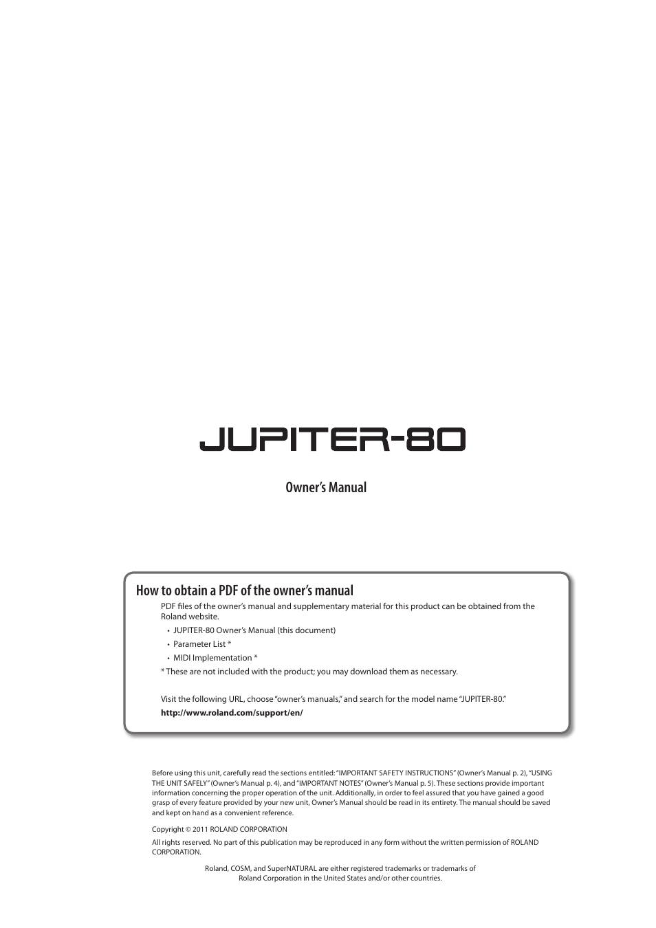 Owner’s manual, How to obtain a pdf of the owner’s manual | Roland Jupiter 80 User Manual | Page 3 / 108