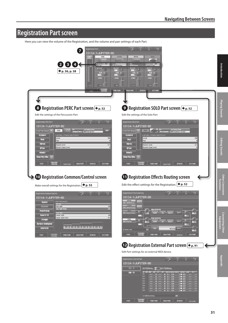 Registration part screen, Navigating between screens, Registration perc part screen | Registration solo part screen, Registration common/control screen, Registration effects routing screen, Registration external part screen | Roland Jupiter 80 User Manual | Page 31 / 108