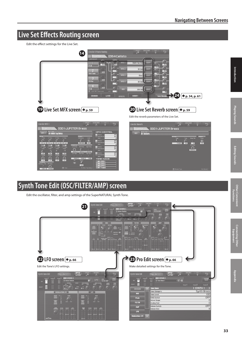 Live set effects routing screen, Synth tone edit (osc/filter/amp) screen, Navigating between screens | Live set mfx screen, Live set reverb screen, Lfo screen, Pro edit screen | Roland Jupiter 80 User Manual | Page 33 / 108