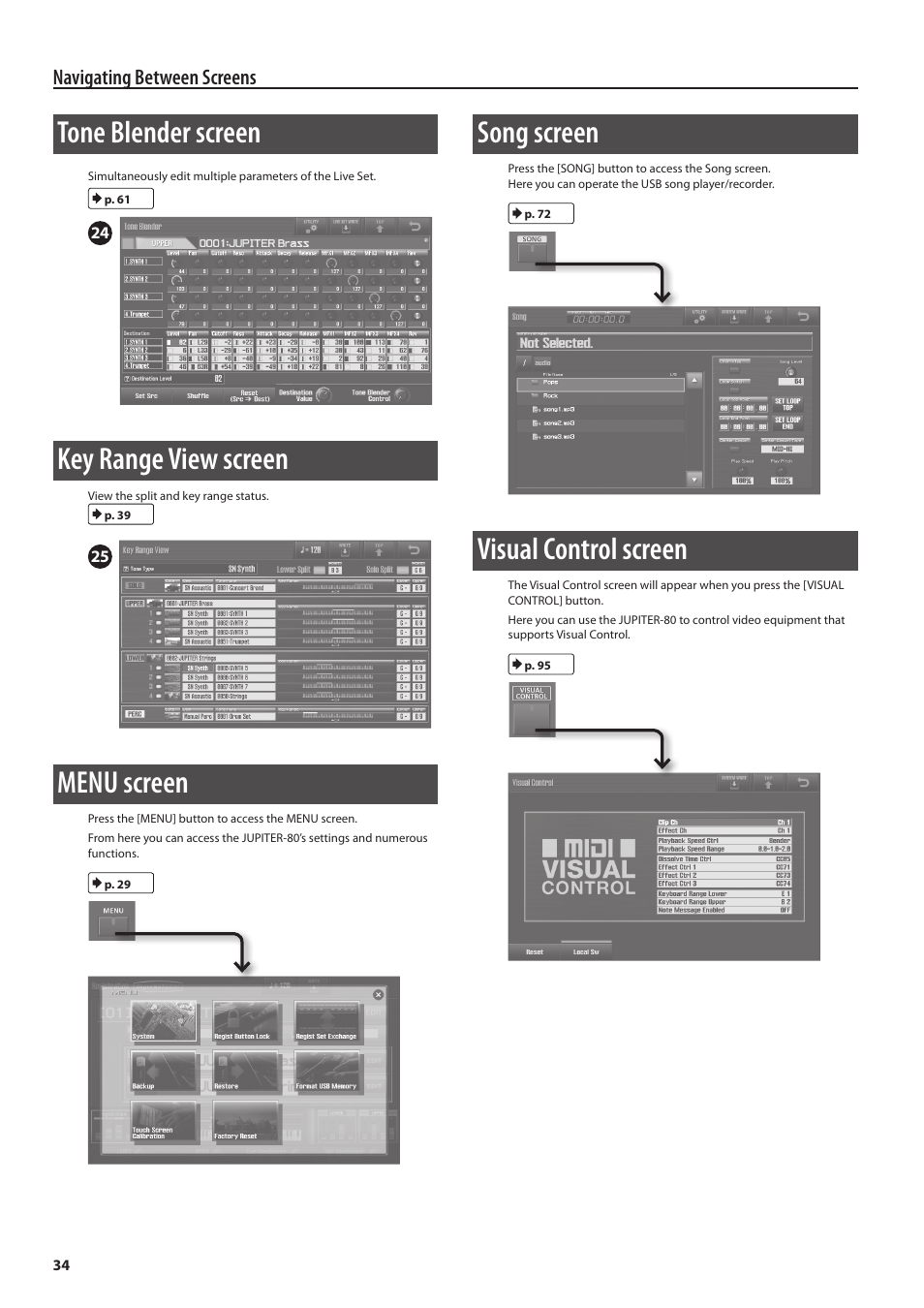 P. 34, p, P. 34, Tone blender screen | Key range view screen, Menu screen, Song screen, Visual control screen, Navigating between screens | Roland Jupiter 80 User Manual | Page 34 / 108