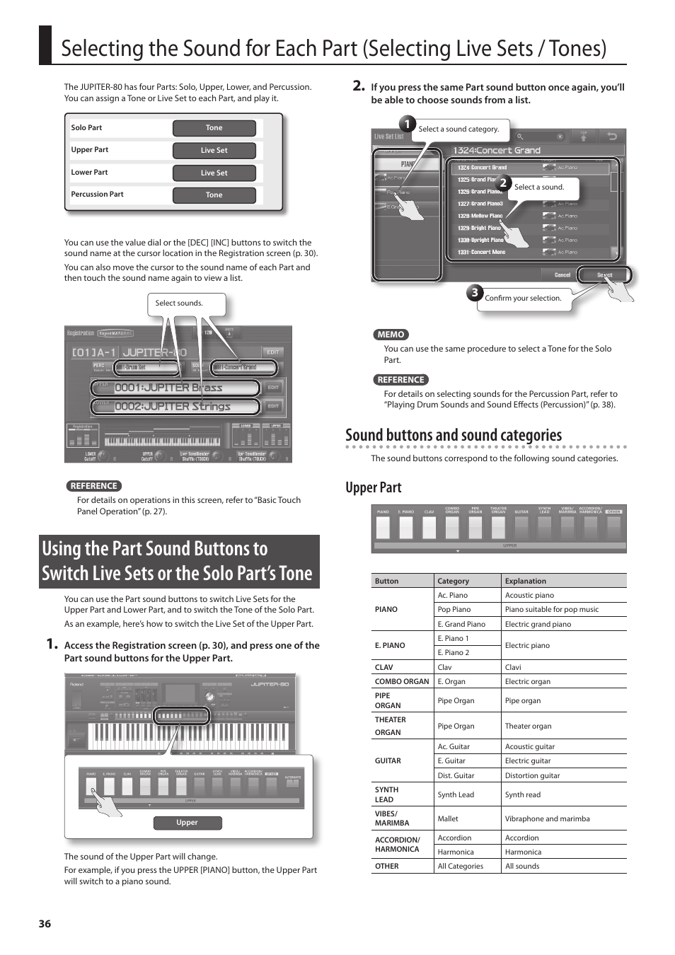 P. 36, P. 36, p, Sound buttons and sound categories | Upper part | Roland Jupiter 80 User Manual | Page 36 / 108