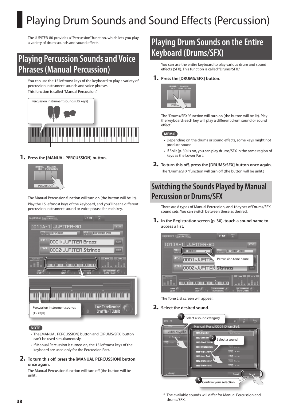 P. 38, Playing drum sounds and sound effects (percussion) | Roland Jupiter 80 User Manual | Page 38 / 108