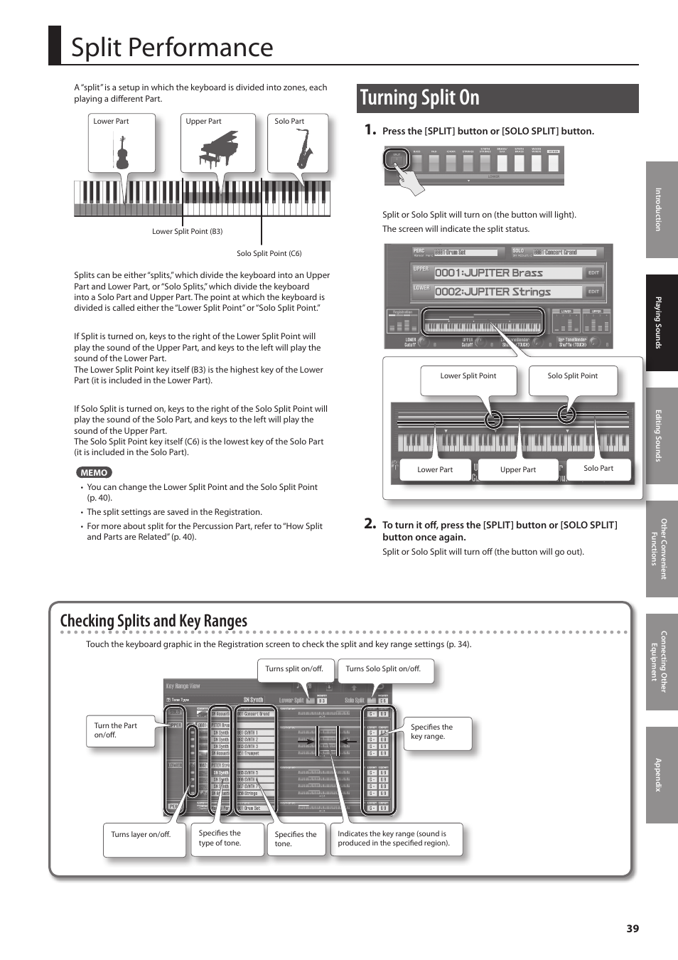 P. 39, Split performance, Turning split on | Checking splits and key ranges | Roland Jupiter 80 User Manual | Page 39 / 108