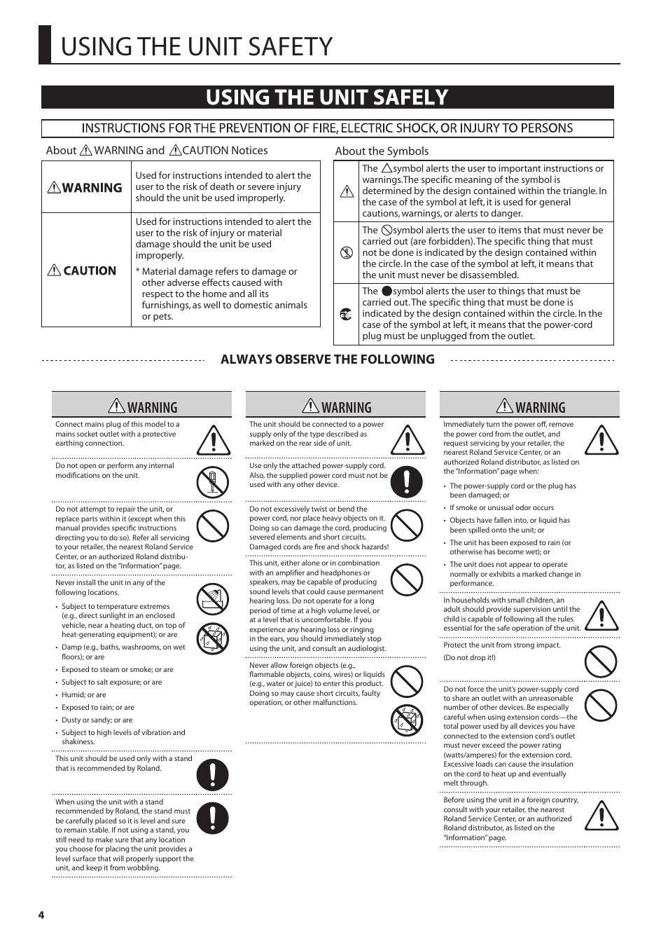 Using the unit safety, Warning, Always observe the following | Roland Jupiter 80 User Manual | Page 4 / 108