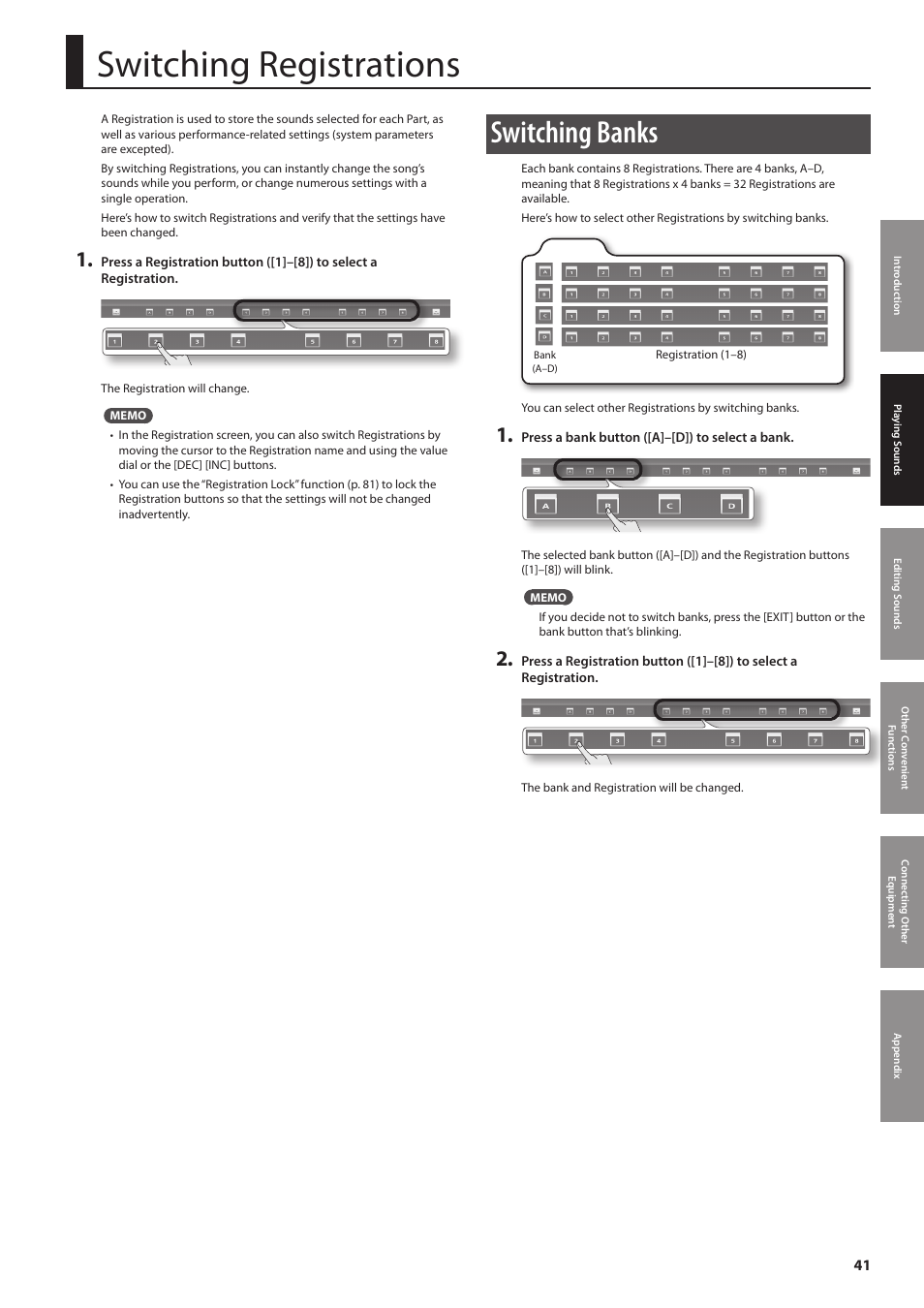 P. 41, Switching registrations, Switching banks | Roland Jupiter 80 User Manual | Page 41 / 108