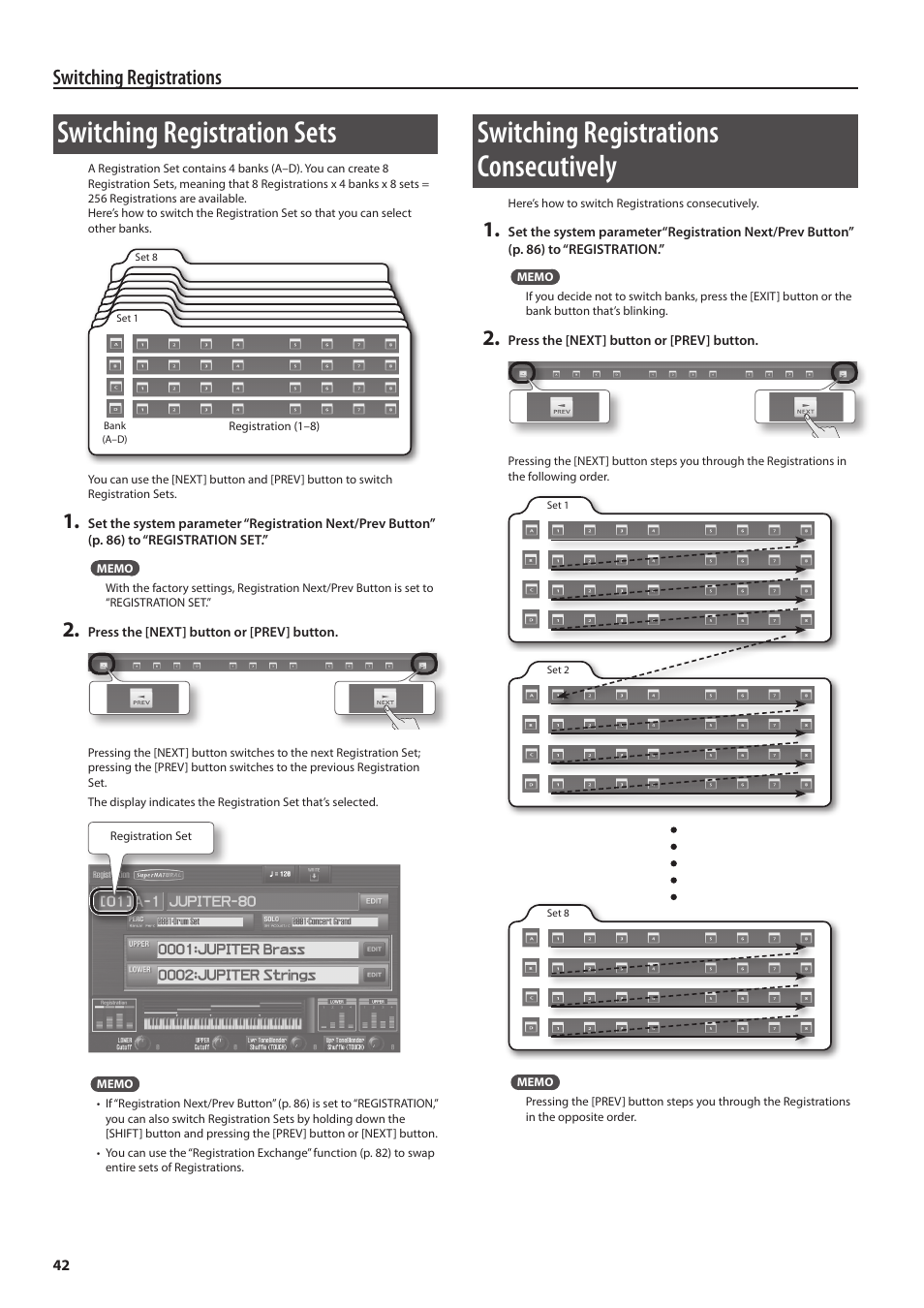 P. 42, Switching registration sets, Switching registrations consecutively | Switching registrations | Roland Jupiter 80 User Manual | Page 42 / 108