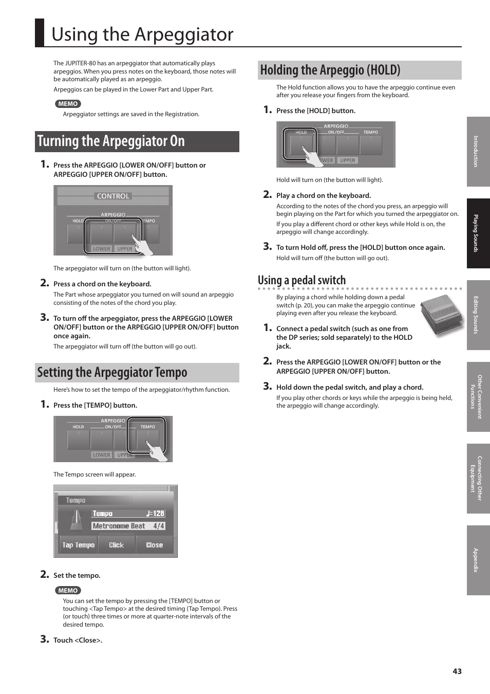 P. 43, Een (p. 43), Using the arpeggiator | Turning the arpeggiator on, Setting the arpeggiator tempo, Holding the arpeggio (hold), Using a pedal switch | Roland Jupiter 80 User Manual | Page 43 / 108