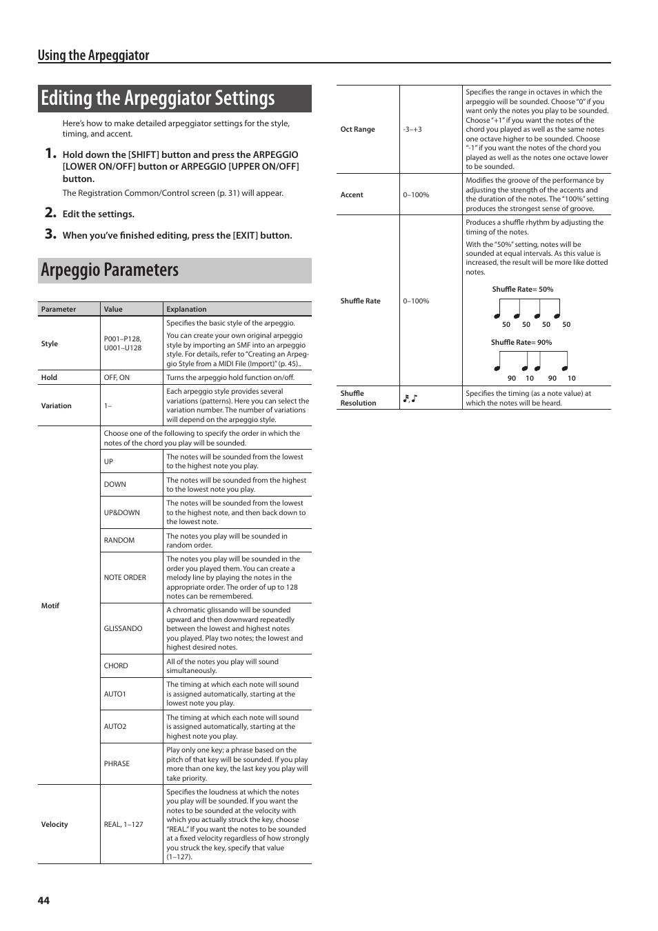 Editing the arpeggiator settings, Arpeggio parameters, Using the arpeggiator | Roland Jupiter 80 User Manual | Page 44 / 108