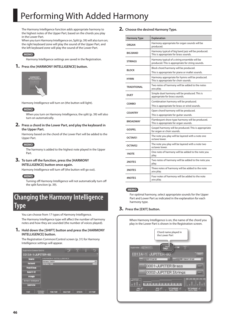 P. 46, Performing with added harmony, Changing the harmony intelligence type | Roland Jupiter 80 User Manual | Page 46 / 108