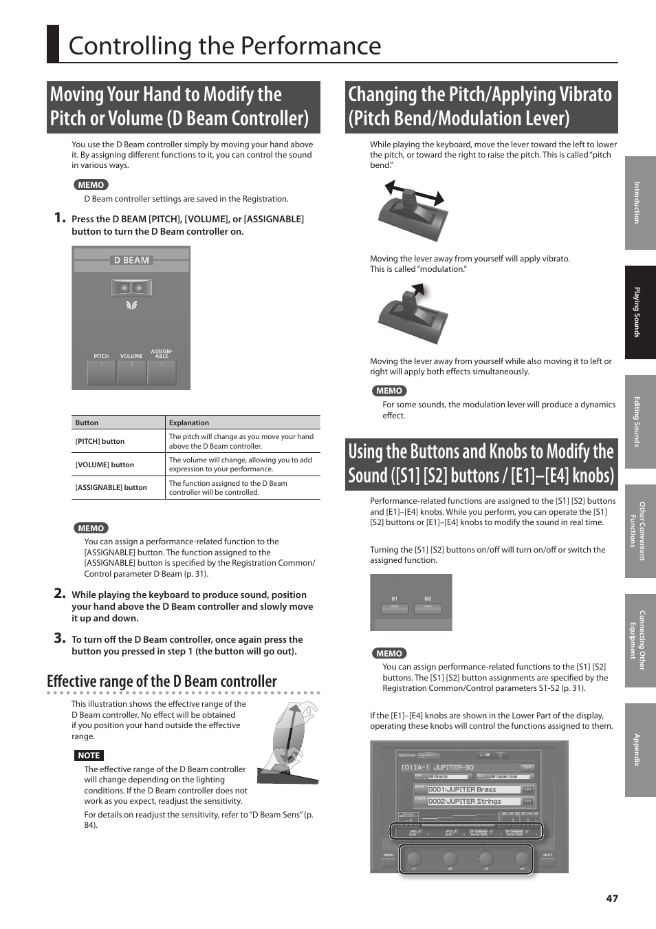 P. 47, Controlling the performance, Effective range of the d beam controller | Roland Jupiter 80 User Manual | Page 47 / 108