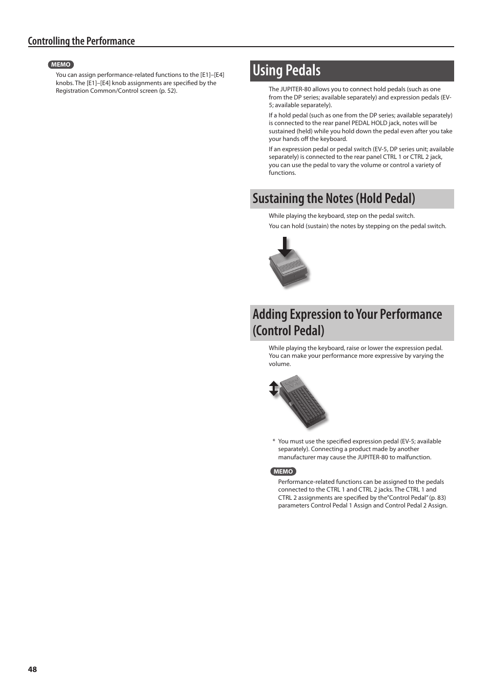 As a hold pedal (p. 48), Tions (p. 48), Using pedals | Controlling the performance | Roland Jupiter 80 User Manual | Page 48 / 108