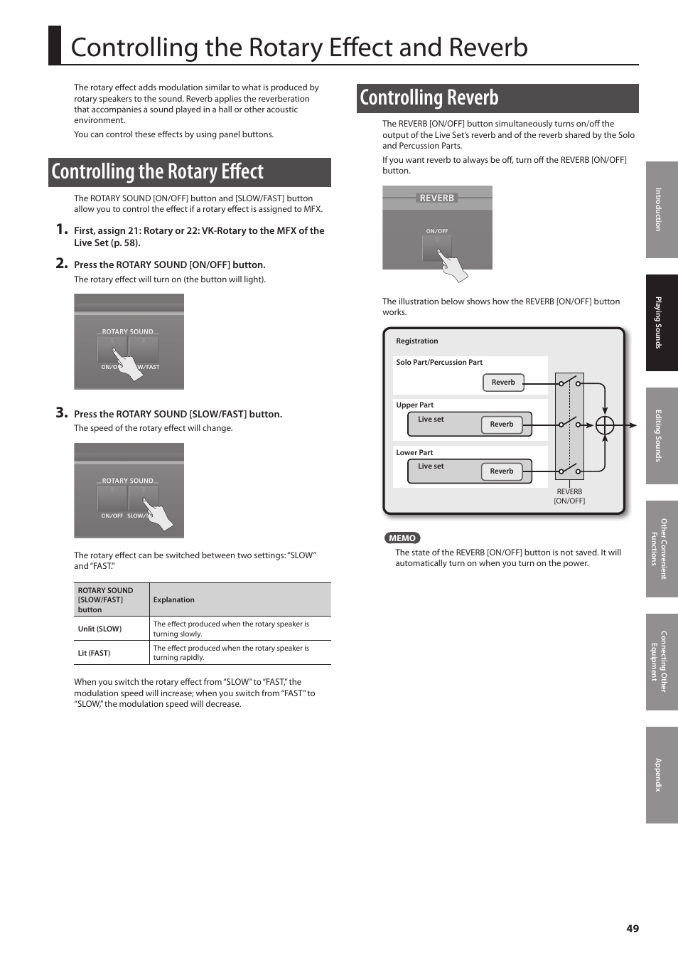 P. 49, Controlling the rotary effect and reverb, Controlling the rotary effect | Controlling reverb | Roland Jupiter 80 User Manual | Page 49 / 108