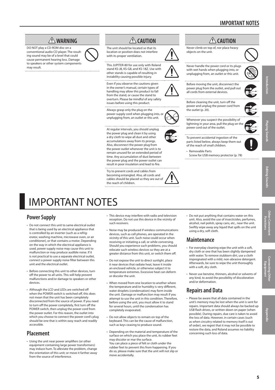 Warning, Caution, Power supply | Placement, Maintenance, Repairs and data | Roland Jupiter 80 User Manual | Page 5 / 108