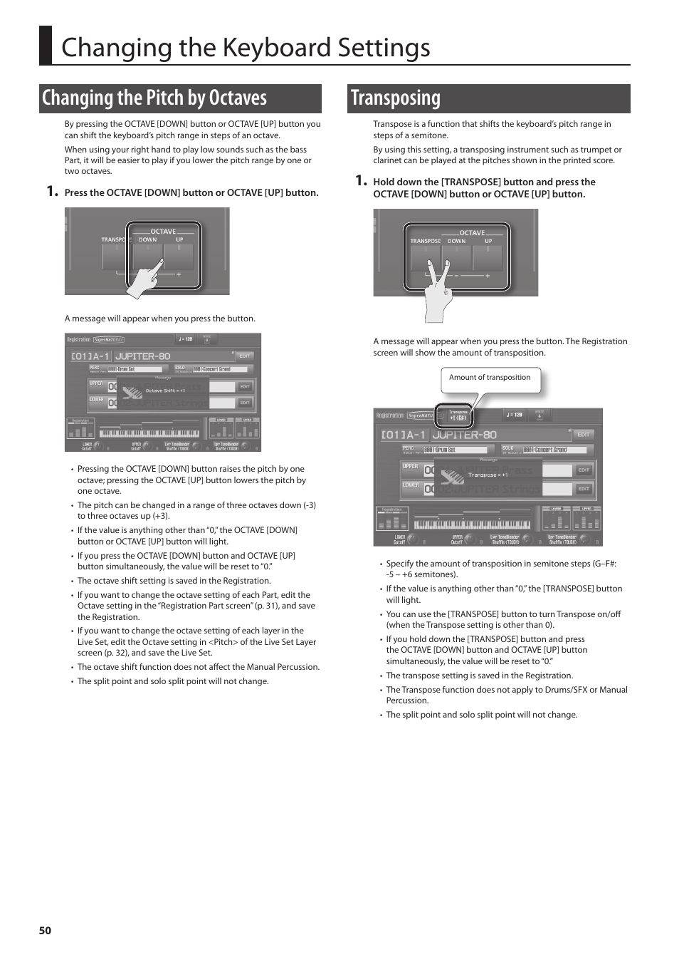 P. 50, Changing the keyboard settings, Changing the pitch by octaves | Transposing | Roland Jupiter 80 User Manual | Page 50 / 108