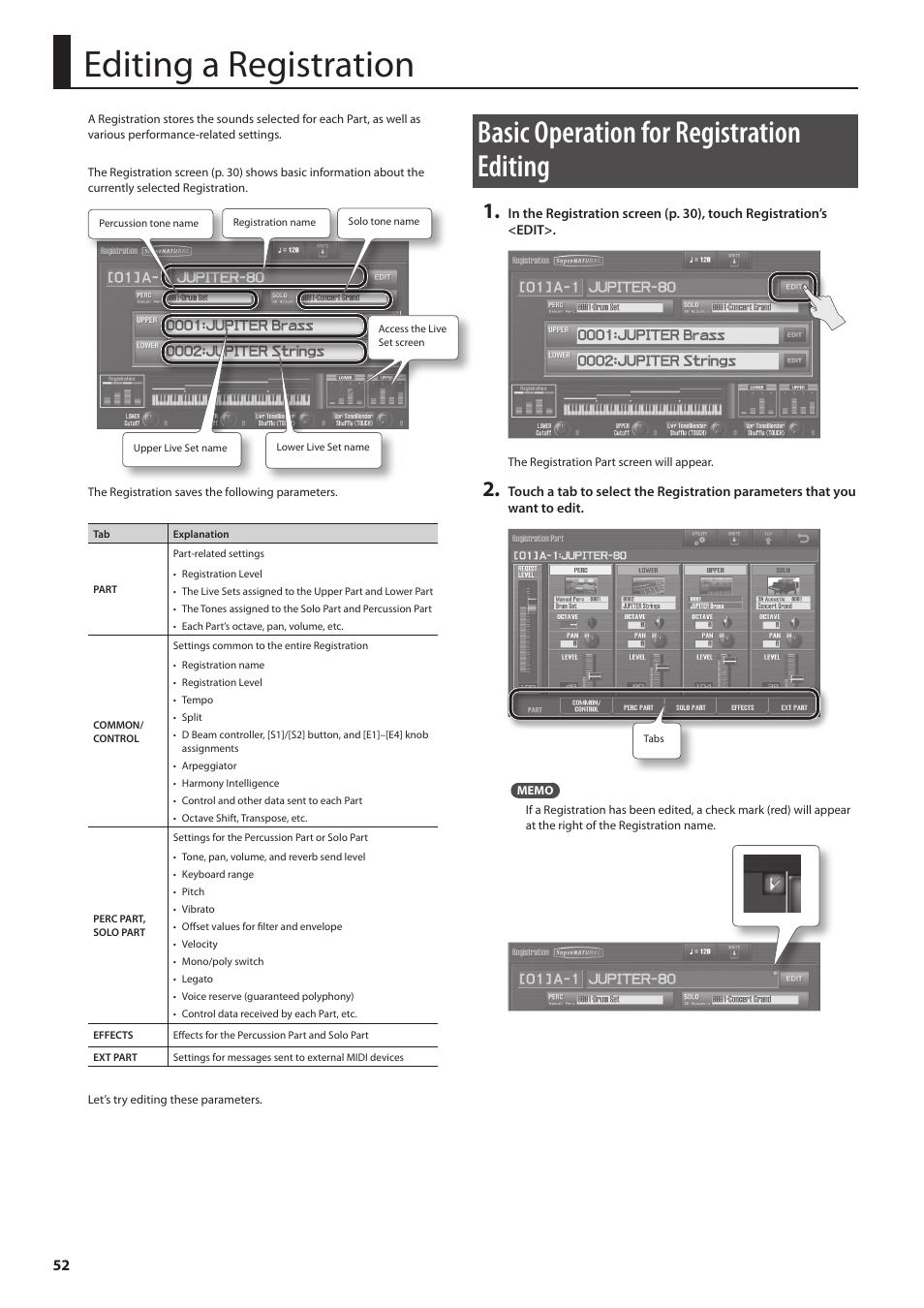 P. 52, Een, p. 52), Editing a registration | Basic operation for registration editing | Roland Jupiter 80 User Manual | Page 52 / 108