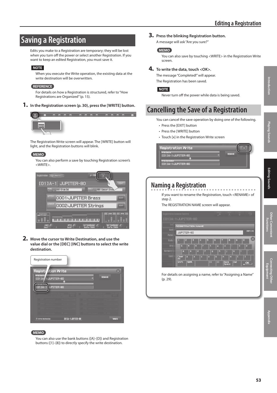 P. 53, Tion (p. 53), Saving a registration | Cancelling the save of a registration, Naming a registration, Editing a registration | Roland Jupiter 80 User Manual | Page 53 / 108