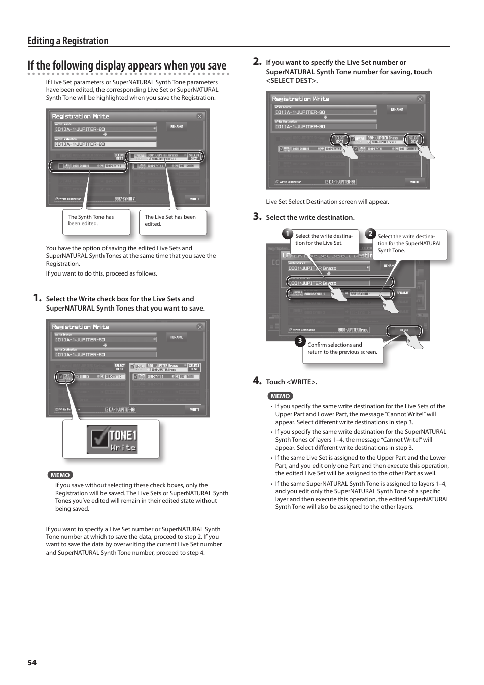 If the following display appears when you save, Editing a registration | Roland Jupiter 80 User Manual | Page 54 / 108