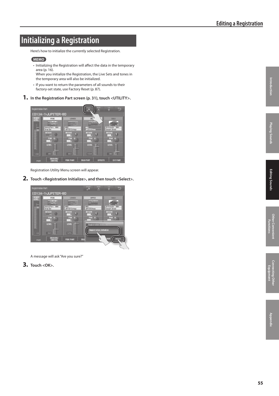 Initializing a registration, Editing a registration | Roland Jupiter 80 User Manual | Page 55 / 108