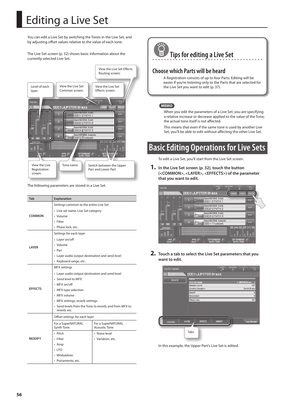 P. 56, Editing a live set, Basic editing operations for live sets | Tips for editing a live set, Choose which parts will be heard | Roland Jupiter 80 User Manual | Page 56 / 108