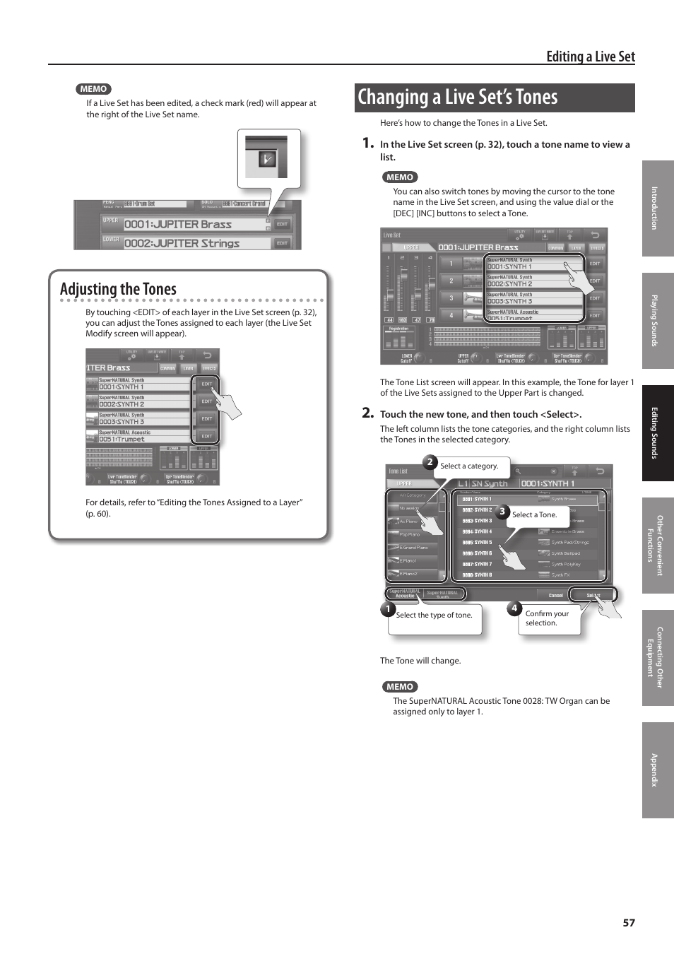 P. 57, Changing a live set’s tones, Adjusting the tones | Editing a live set | Roland Jupiter 80 User Manual | Page 57 / 108