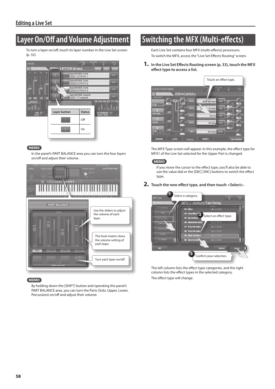 Layer on/off and volume adjustment, Switching the mfx (multi-effects), Editing a live set | Roland Jupiter 80 User Manual | Page 58 / 108