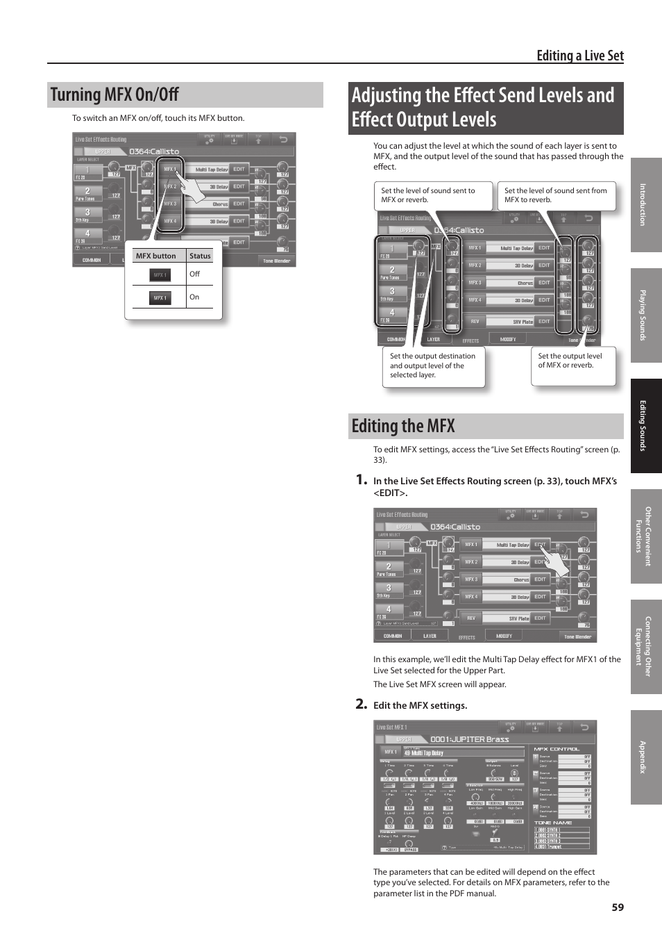 P. 59, Turning mfx on/off, Editing the mfx | Editing a live set | Roland Jupiter 80 User Manual | Page 59 / 108