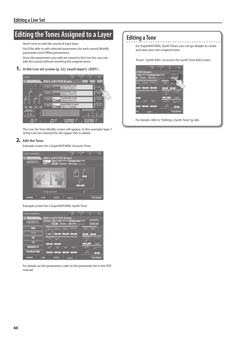 P. 60, P. 59, O “editing the tones assigned to a layer | P. 60), Editing the tones assigned to a layer, Editing a tone, Editing a live set | Roland Jupiter 80 User Manual | Page 60 / 108