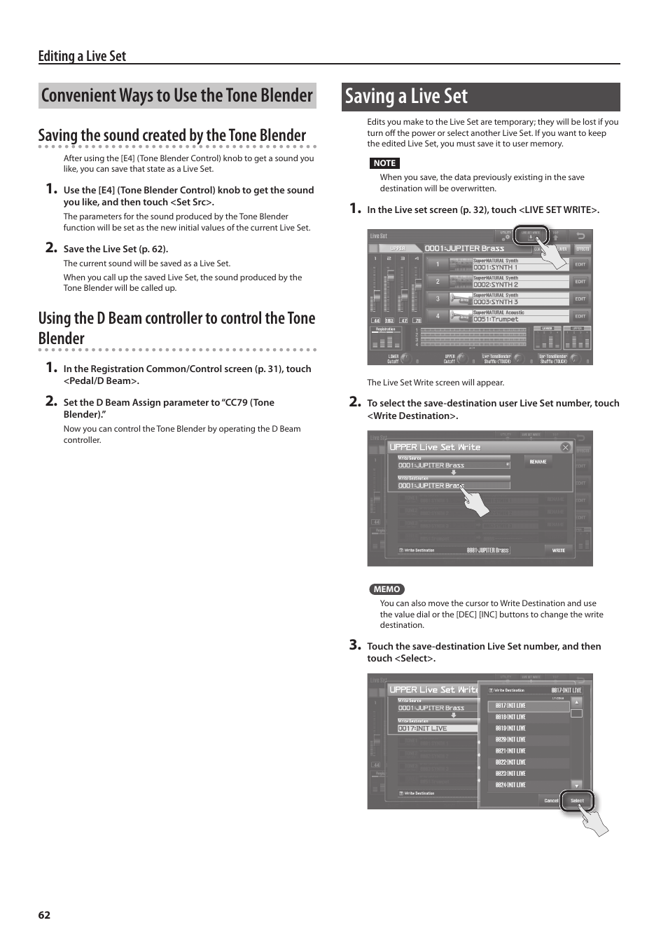 Et (p. 62), O ”saving the sound, Created by the tone blender” (p. 62) | Saving a live set, Convenient ways to use the tone blender, Saving the sound created by the tone blender, Editing a live set | Roland Jupiter 80 User Manual | Page 62 / 108